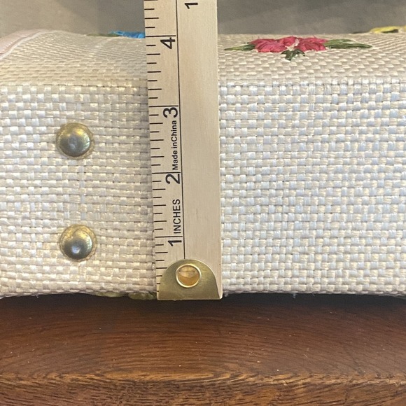 Vintage 1960s Floral Rafia Purse Beautiful Wood Sided Bag Please Read - Picture 14 of 16